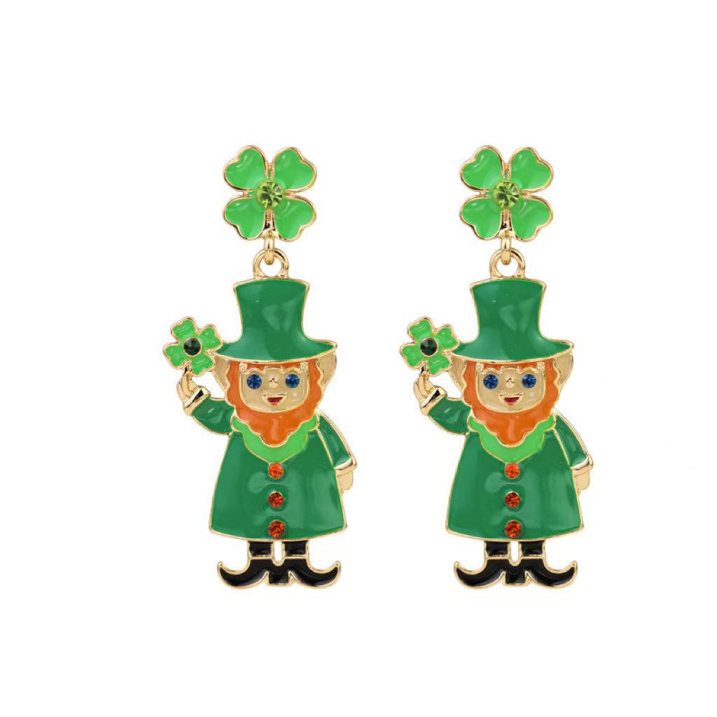 New Arrival Stylish and Versatile St Patrick Green Four leaf Clover Earrings Alloy Enamel filled and Diamond set Ideal for Irish Carnival