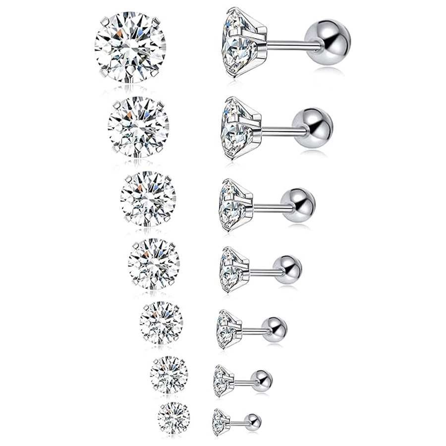 7 Pairs 18G Stainless Steel Stud Earrings Push Back Round Cubic Zirconia Barbell Earring Set 2MM-8MM Silver Tone