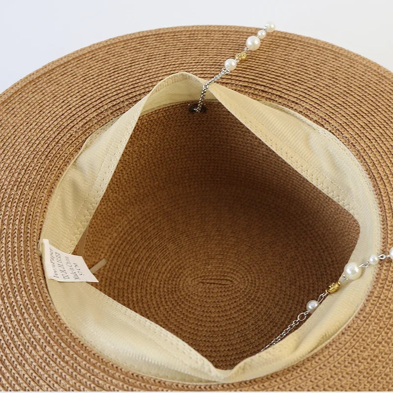 Fashion Metal RB Letter Chain Sun Hat Pearl Women and Men Summer Outdoor Vacation Beach Sunscreen Straw Hat Wholesale 250901