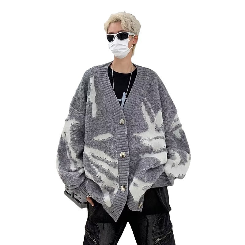 American Style Flocked Cardigan Sweater Knitwear Men Loose Oversize Lazy Style Korean High Street Jacket Trendy 241127