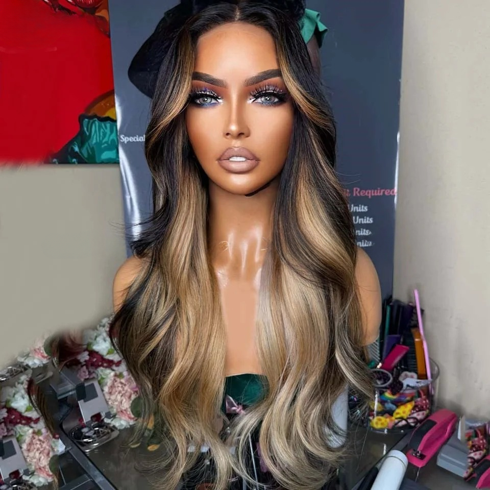 Natural Wavy Blonde Black Piano Highlight Wig Human Hair Glueless Water Wave High Density 13x4/13x6 Lace Front Wigs Pre-plucked Pre-Cut 360/Full Lace  - view 5