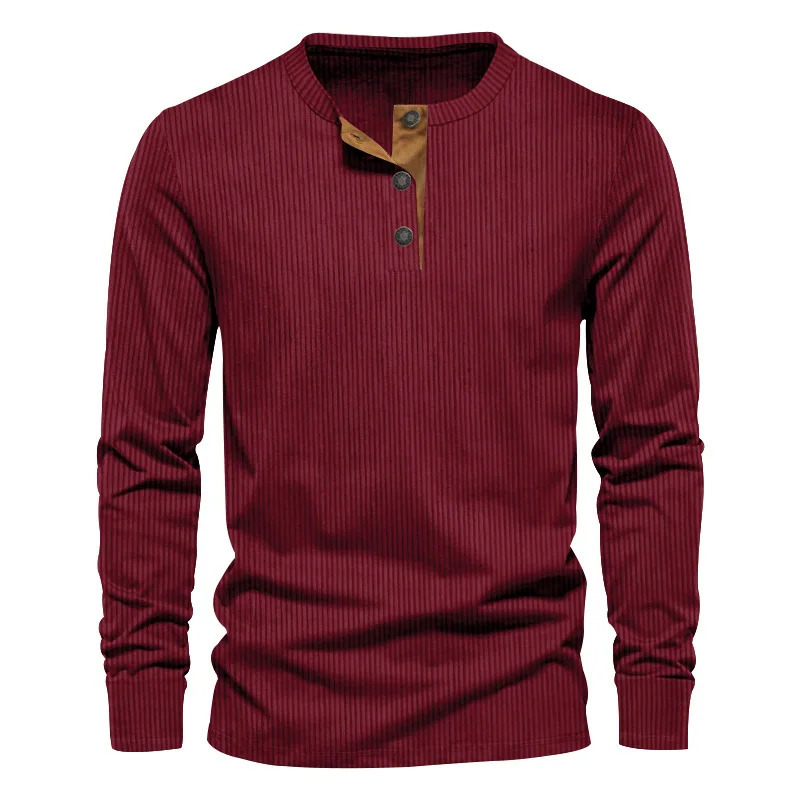 Spring and Autumn Mens Long Sleeve Tshirt Corduroy Retro Casual Mens Clothing Slim Solid Color Long Sleeve Henley Shirt 250902