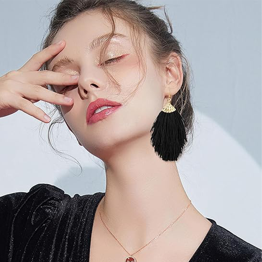 6 Pairs Layered Tassel Statement Earrings Bohemian Multi Colors Long Feather Tiered Thread Tassel Fan Fringe Dangle Drop Earrings Handmade for Women