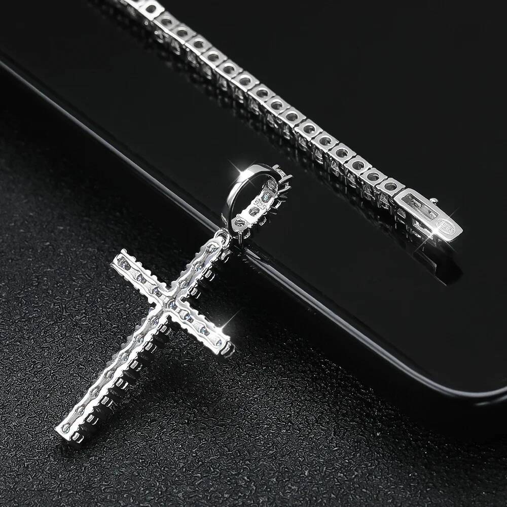3mm Full Moissanite Tennis Necklace with Cross Pendant 925 Sterling Silver Plated 18k Gold HipHop Punk Necklaces for Women Men