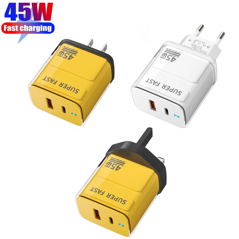 Crystal Light Up QC3.0 USB C 45W Fast Charger Quick Charge Dual Ports Type C USB Cellphone Wall Charging Travel Power Adapter For iPhone 16 15 14 13 Samsung S25 S24 S23