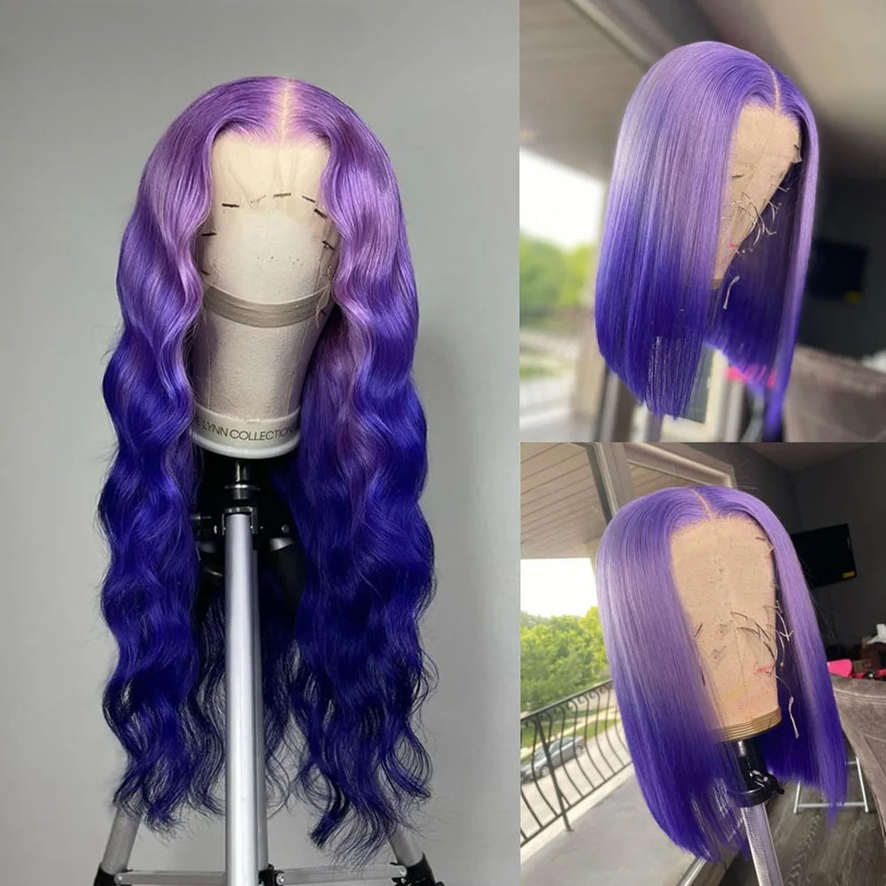 Ombre Violet Purple Colored Body Wave Lace Frontal Wig Human Hair Wig Short Bob 200% Density Wig 13x4 HD Lace Front Wig Wear And Go Synthetic