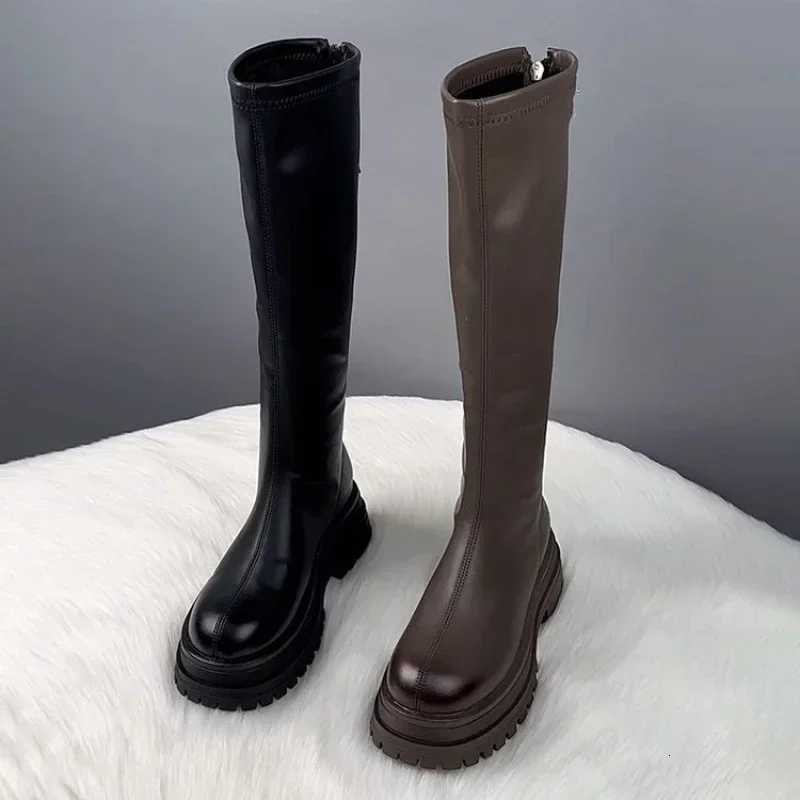2024 Women Shoes Platform Autumn Winter Long Boots Womens KneeHigh Boots Side Zipper Comfortable Square Heel Black High Boots W250902