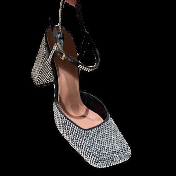 Designer New Sexy Single-strap Women's Closed-toe High Heels With Thick Heels Stunning Square Sandals Luxuriously Decorated With Diamonds Special