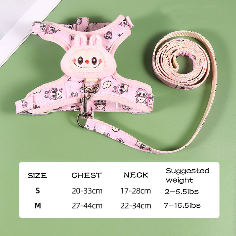 Labubu Designer Dog Harness Leash Set, Step-in Soft Mesh Puppy Cats Harnesses Vest with Cute Doll Decorations Breathable Harness