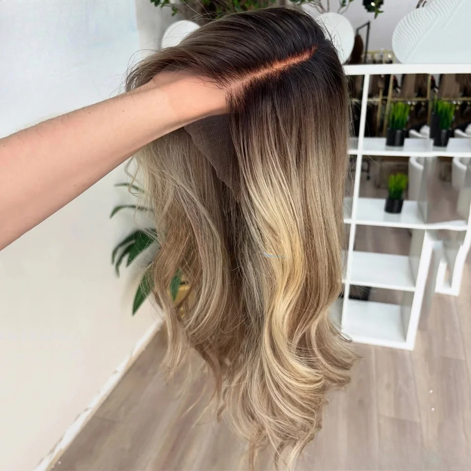 Dark Brown Rooted Color Balayaga Highlight High Density Body Wave Human Hair Wigs 13x6 HD Lace Wigs 360 Full Lace Wigs Pre Plucked