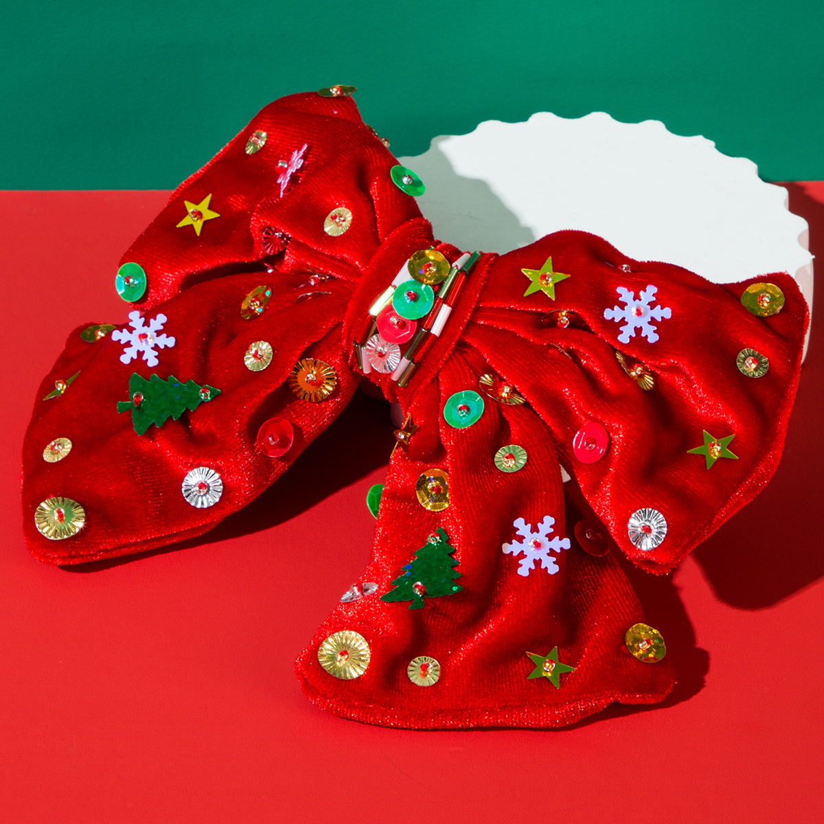New Christmas Flannel Bow Hair Clips with Hand sewn Stars Snowflakes Christmas Tree Glitter for Sweet Party Looks
