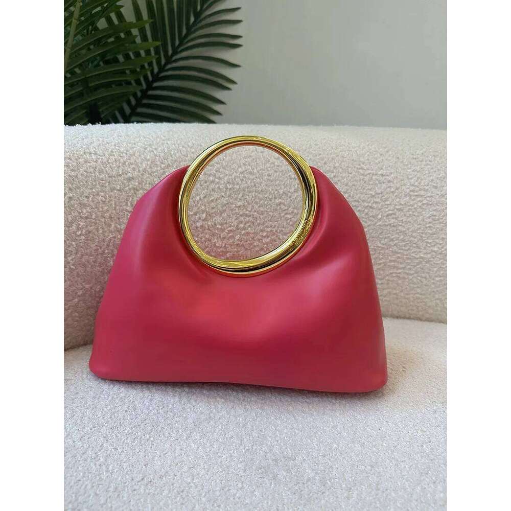 Metallic Round Handle Handbag Evening Bags For Women Soft PU Leather Shoulder Bag 2025 Half Moon Cloud Clutch