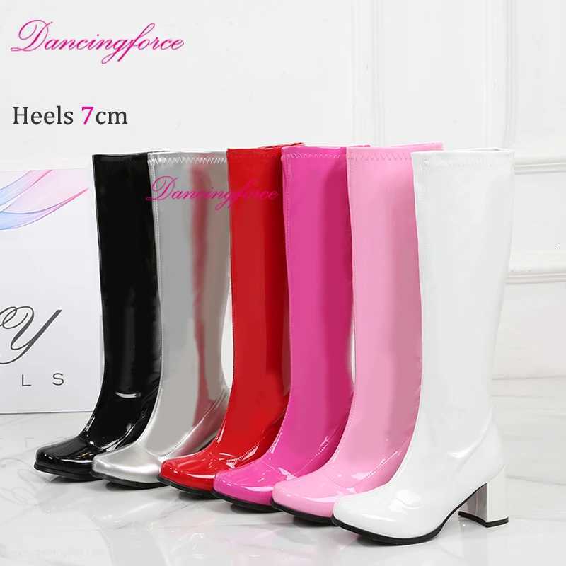 Red White Pink Patent Knee High Boots 60s 70s Go Boots Women Block Heels GoGo Halloween Party Dress Lady Shoes Square Toe W250902