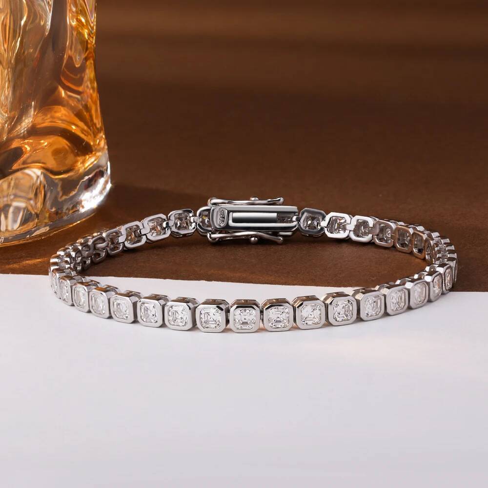 Bezel Set Asscher Cut All Moissanite Tennis Bracelets for Women 925 Sterling Silver Lab Diamond Bracelet Bangle with Certificate