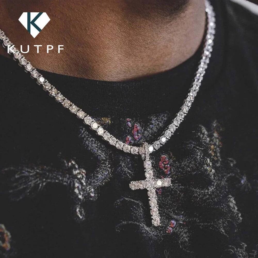 3mm Full Moissanite Tennis Necklace with Cross Pendant 925 Sterling Silver Plated 18k Gold HipHop Punk Necklaces for Women Men