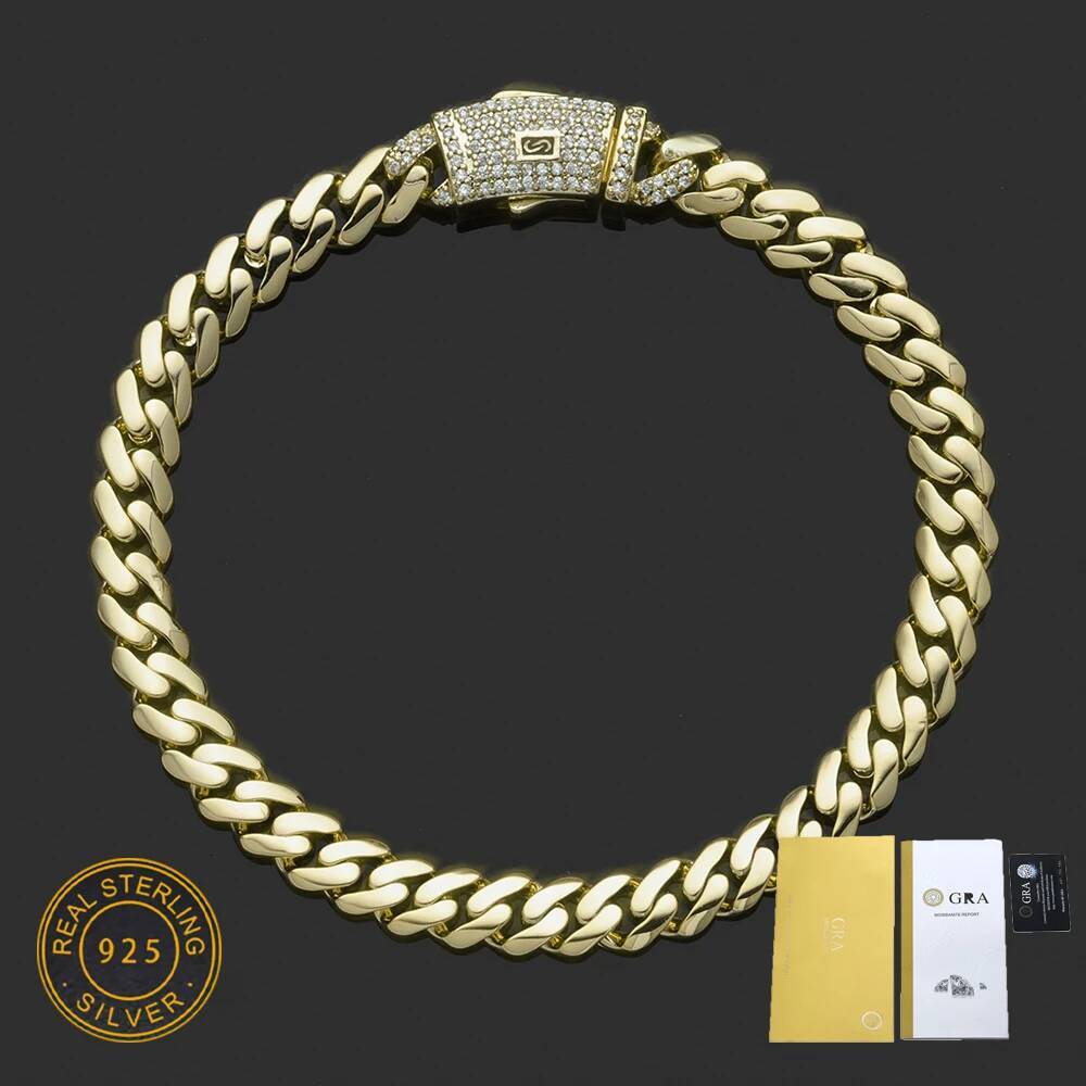 ICEBLING Moissanite 925 Silver Monaco Chain 14K Gold Plated Thick Iced Out Diamond Clasp Flat Cuban Link Choker Necklace Men