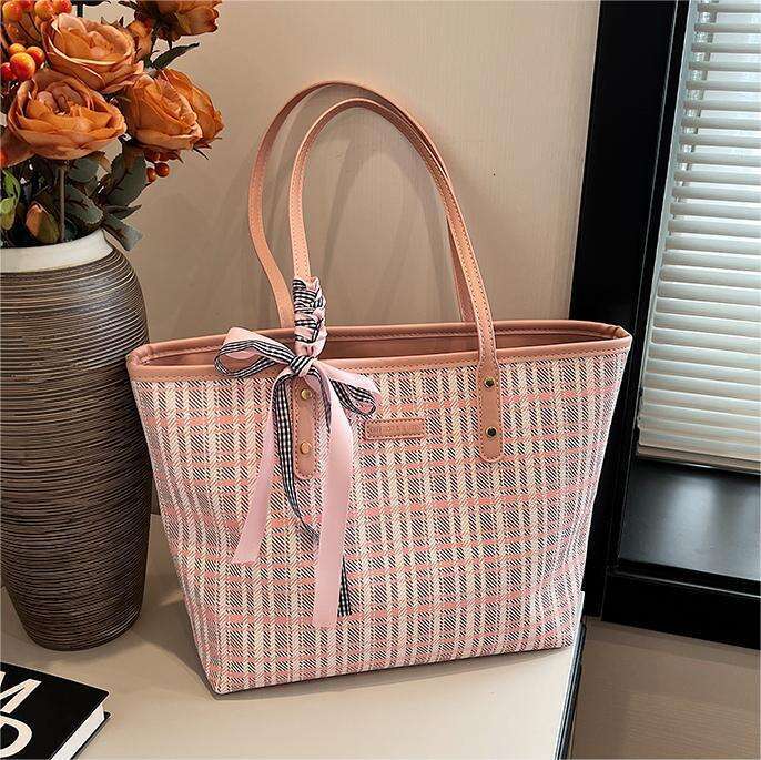 DHpet_wholesale Women's Plaid Tote Bag - Large Capacity Shoulder Bag for Work Commute, Fashionable Big Purse with Double Straps, Pink & Blue
