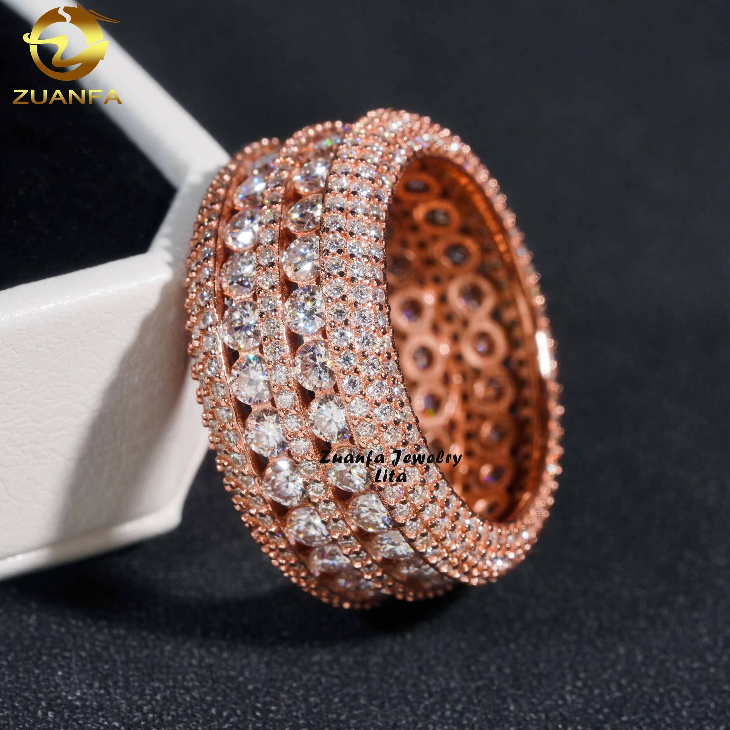 Custom Made Rose Gold Men Hip Hop 925 Sterling Silver Iced Out Moissanite Eternity Ring