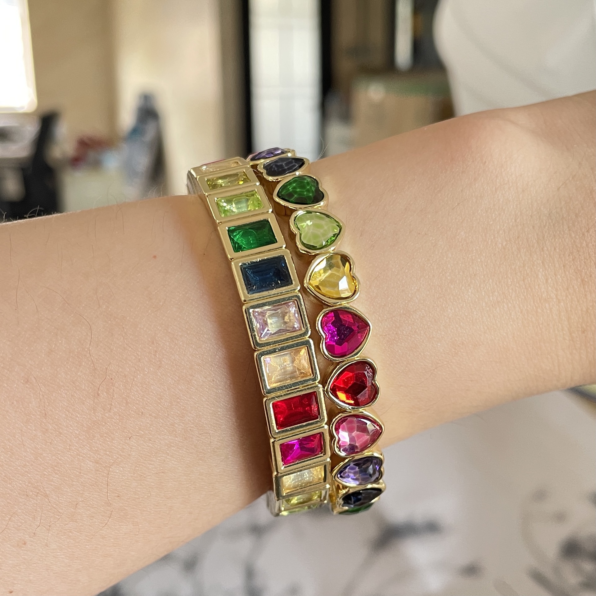 Luxury Brand Designer Jewelry European And American Colorful Fashion Geometric Square Heart Bracelet Elastic Women's Bracelet