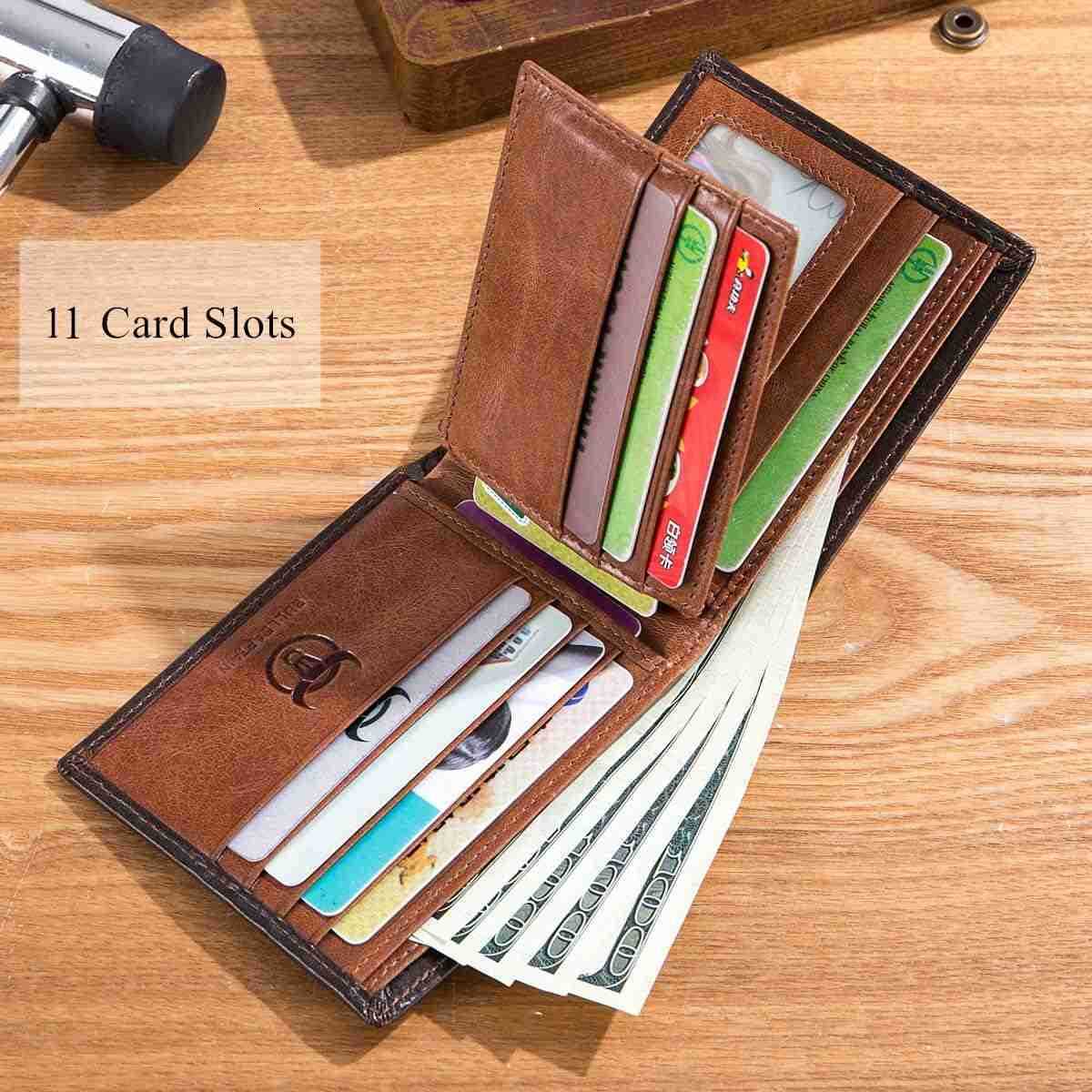 RFID Wallets for Men Slim Bifold Genuine Leather Front Pocket Wallet with 2 ID Windows QB05 BrownZ250911