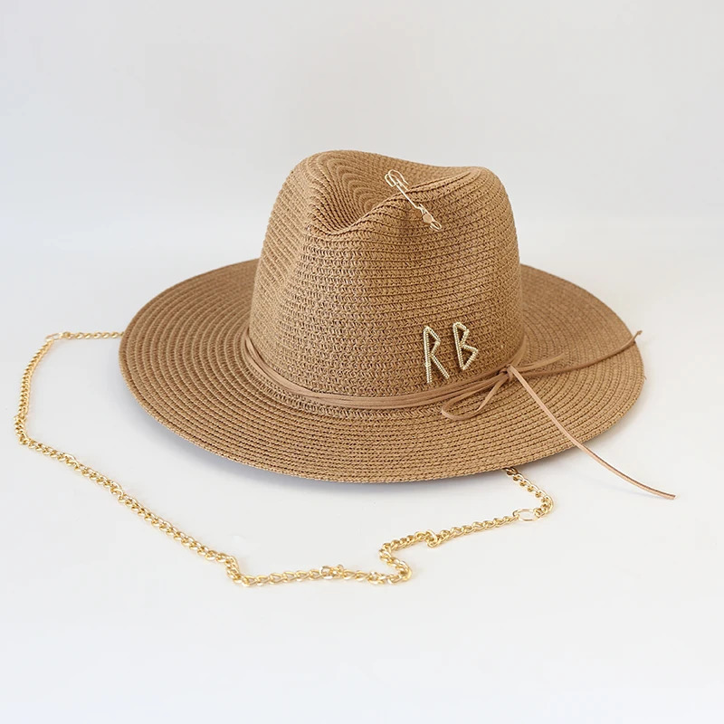 Fashionable Metal RB Letter Straw Hats for Women Men Summer Outdoor Holidays Beach Sun Hat Straw Hats for Women Fashion Panama 250902