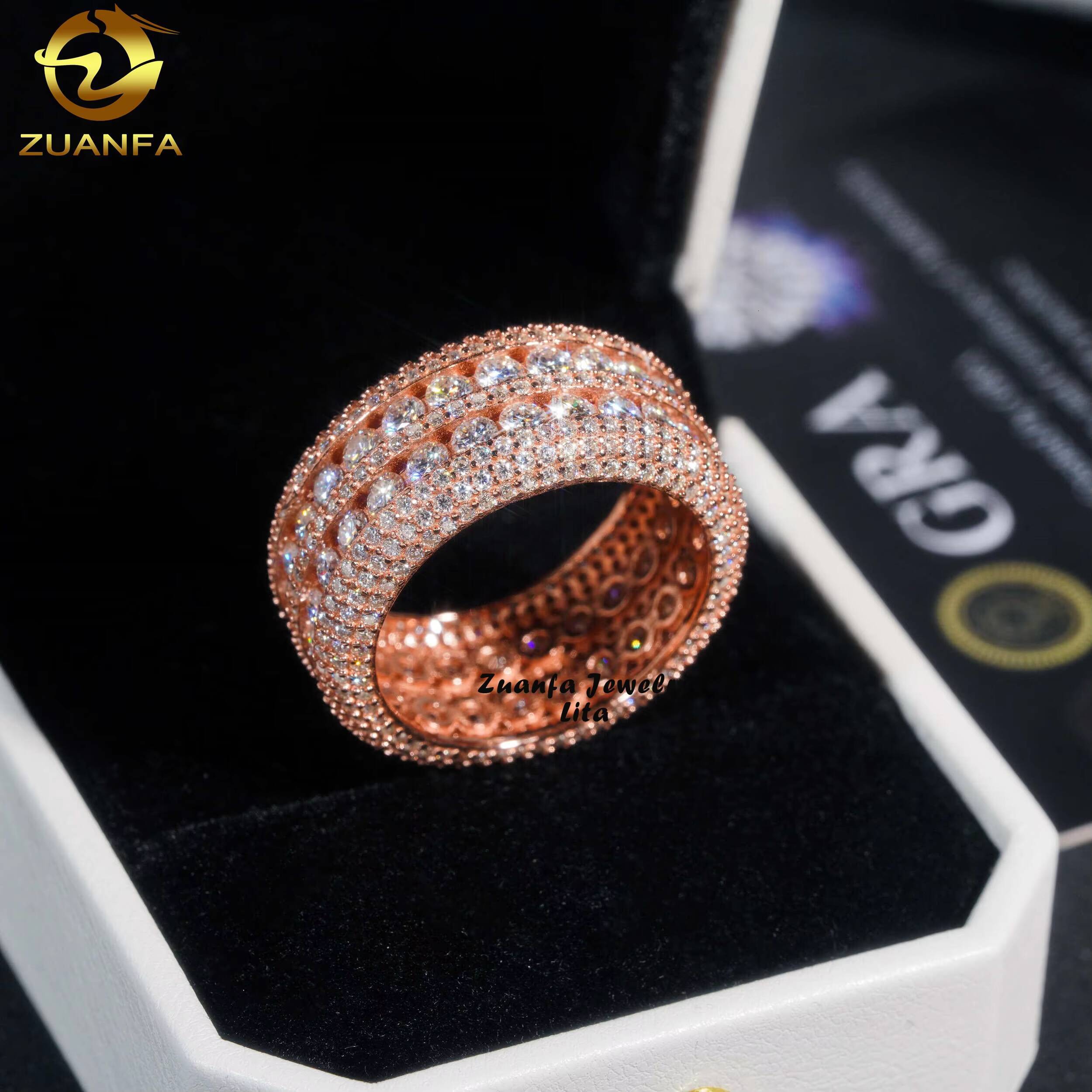 Custom Made Rose Gold Men Hip Hop 925 Sterling Silver Iced Out Moissanite Eternity Ring
