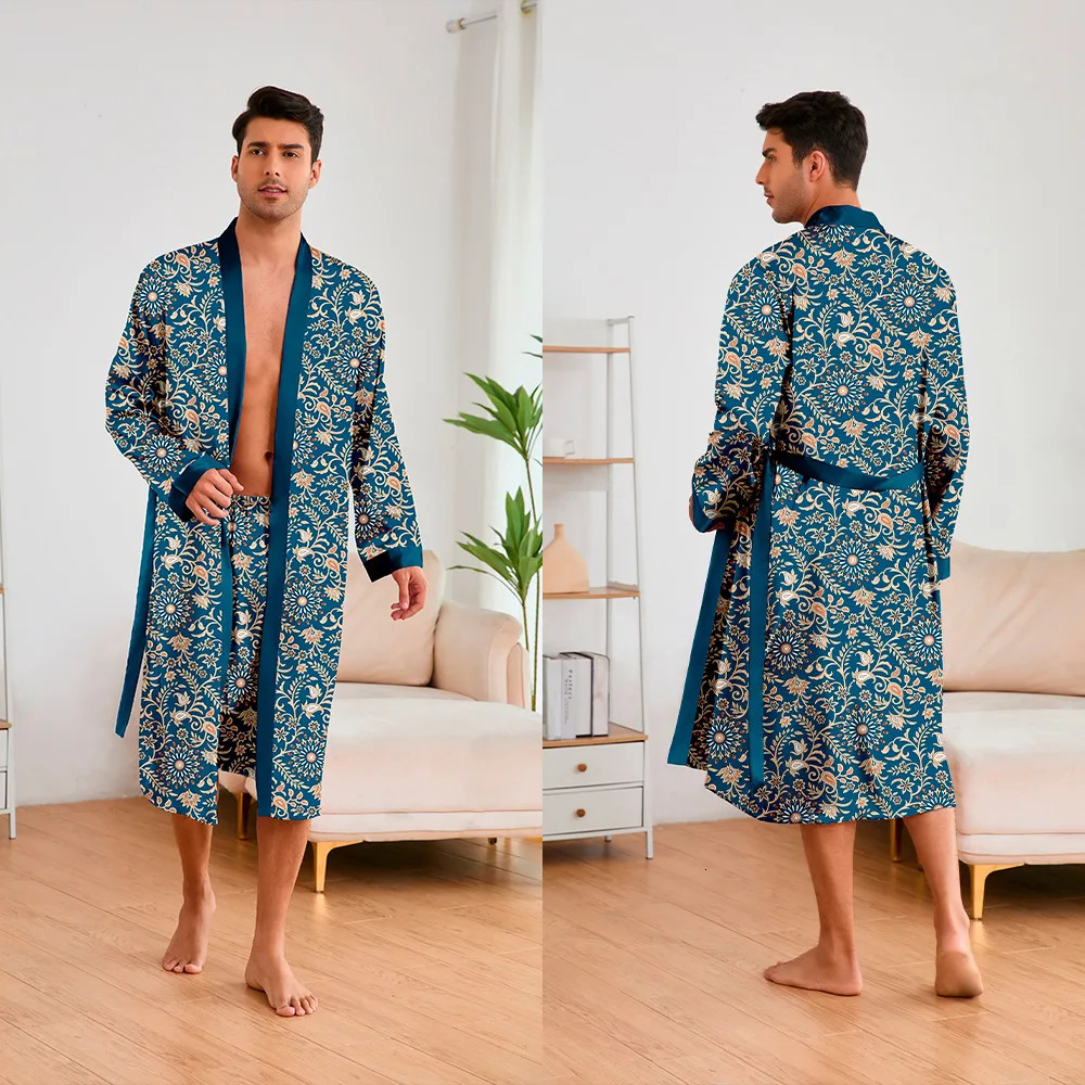 Men 2 Pieces Sleepwear Leopard Bathrobe Set Satin Kimono Peignoir Homme Long Mens Sexy Sleepwear Loungewear Home Dressing Gown 250902