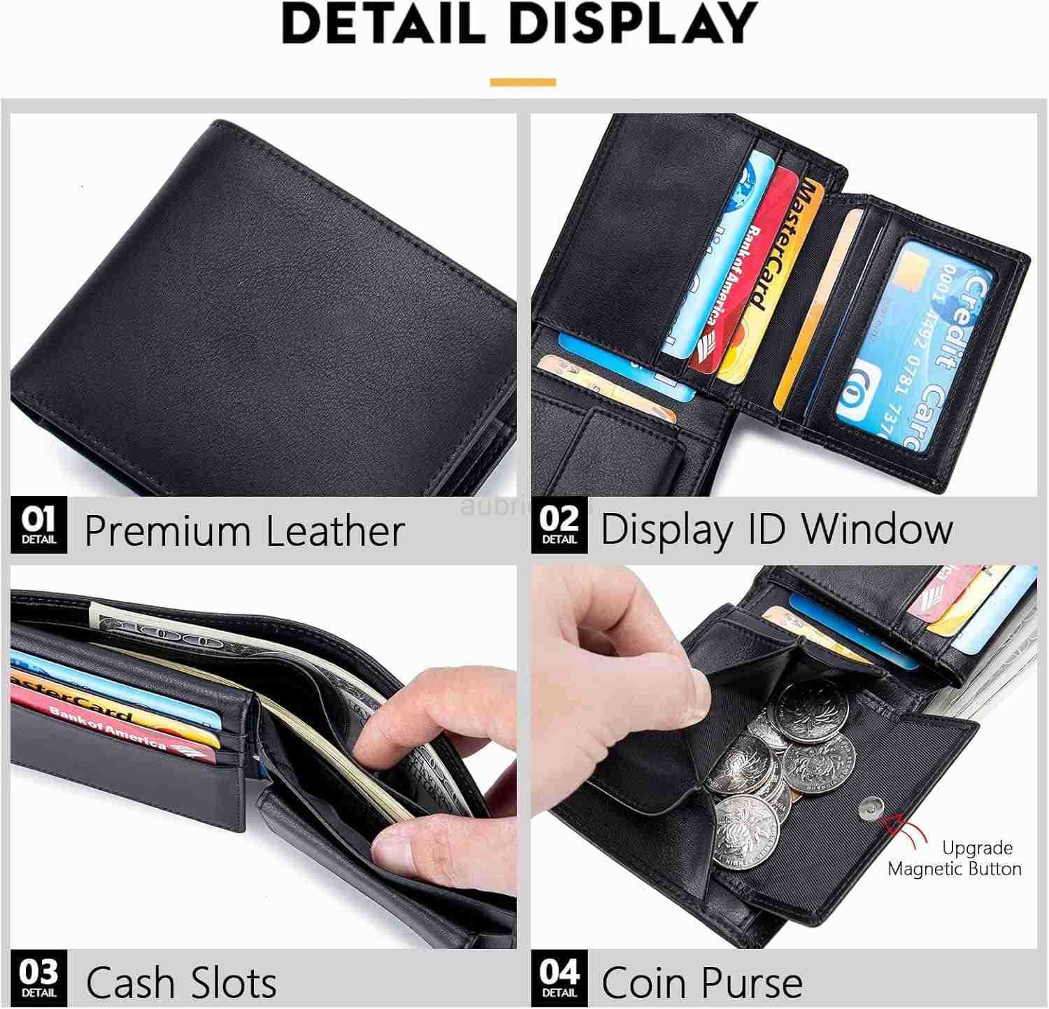 Mens Leather Wallet with Coin Pocket Flip Up ID Window RFID Blocking Slim Bifold CARD Front Pocket Wallet Dark khakiZ250910