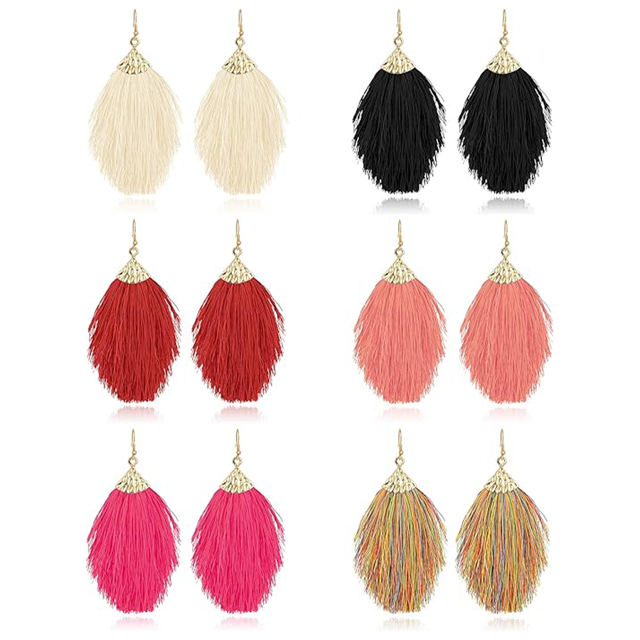 6 Pairs Layered Tassel Statement Earrings Bohemian Multi Colors Long Feather Tiered Thread Tassel Fan Fringe Dangle Drop Earrings Handmade for Women
