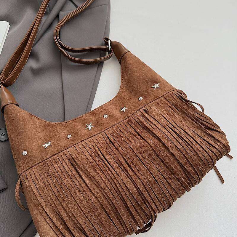 Vintage Fringe Crossbody Fashion Suede Handbag Trendy Tassel Crescent Bag For Women Work Shopping Travel Winter Fall