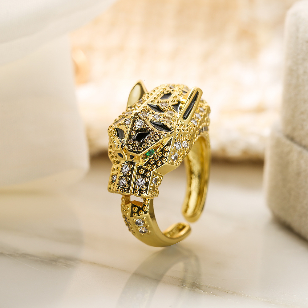 Luxury Brand Designer Jewelry Aogu Hot-Selling European And American Light Luxury Hip-Hop Leopard Ring For Women Real Gold Electroplated Zircon Niche Personalit