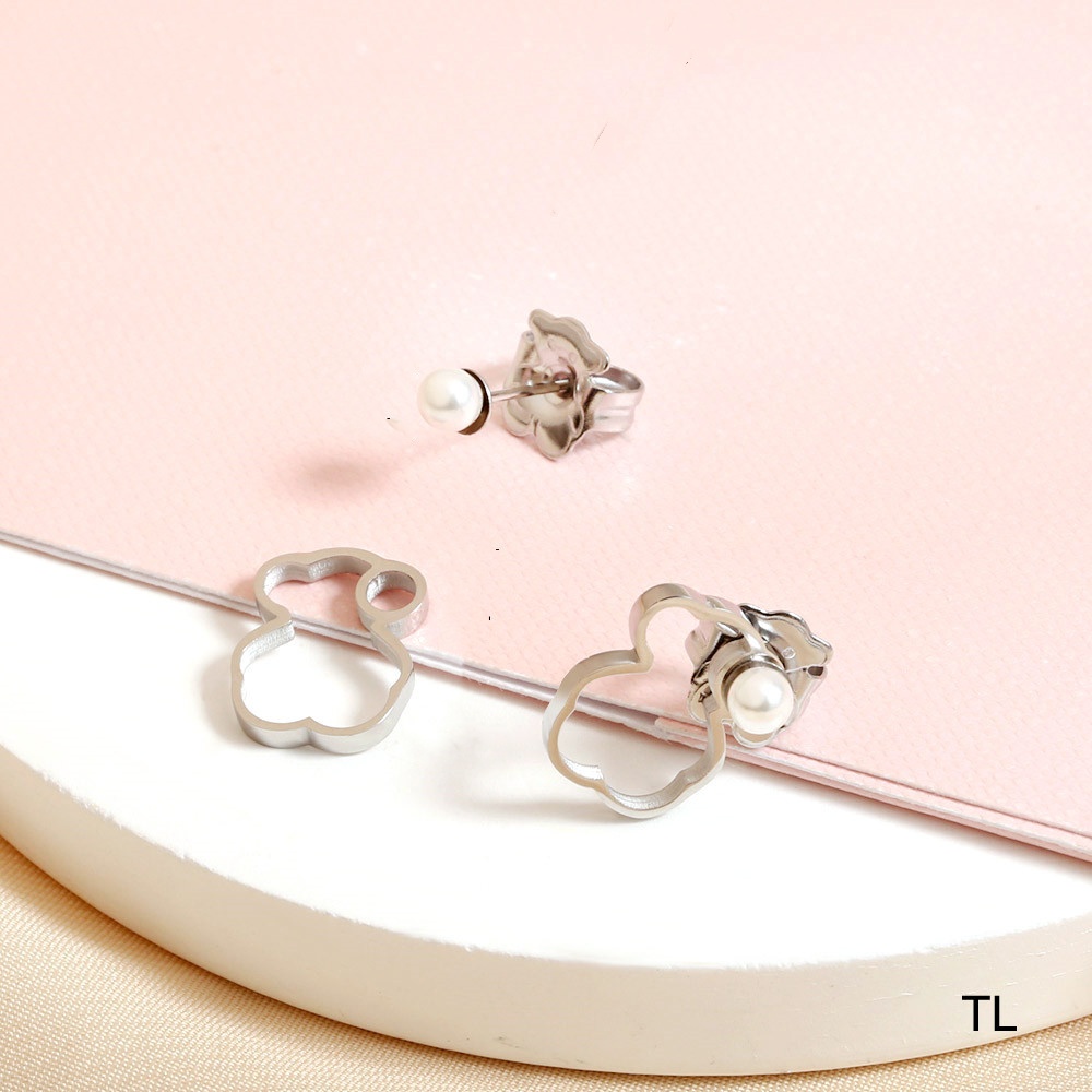 Fashion Women Men Girls Bear Silver Gold Stainless Steel White Pearl Hollow Heart Black Zircon Cartoon Animal Span Stud Earrings Jewelry Gift