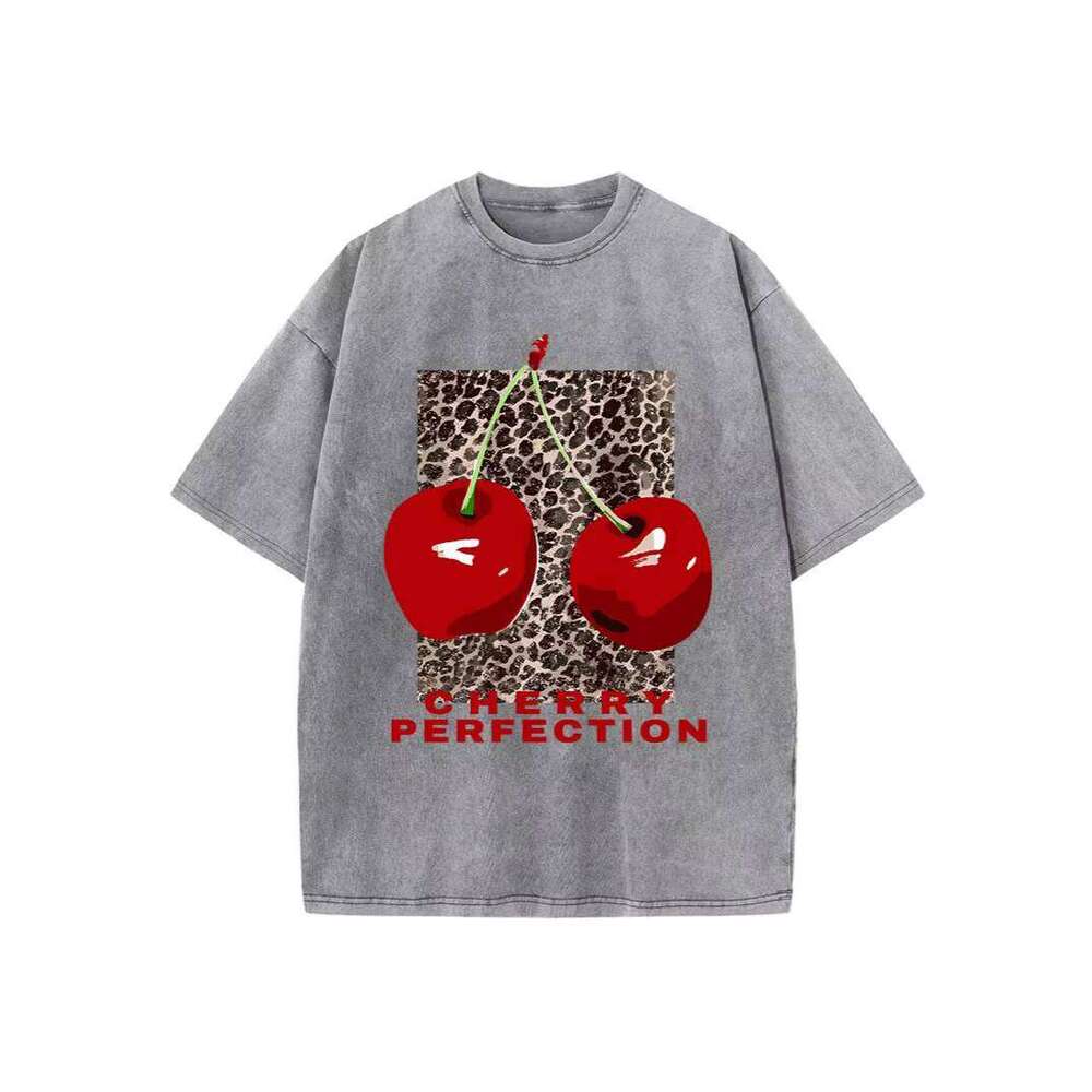 Men's 100% Cotton 300g High-Quality Cherry Print Loose Short-Sleeve Knitted Casual T-Shirt