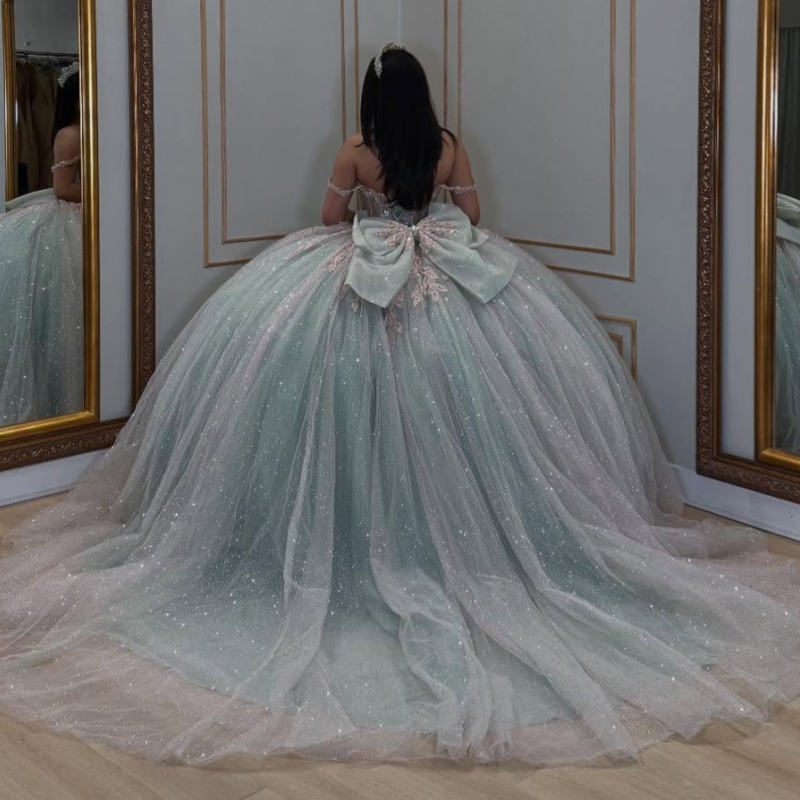 Aqua Blue Shiny Princess Off the Shoulder Sweet 16 Dress Quinceanera Dresses Applique Lace Beads Tull Corset Party Birthday Vestidos 15 De Anos