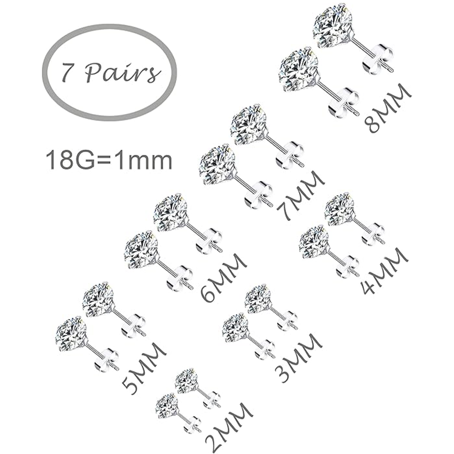 7 Pairs 18G Stainless Steel Stud Earrings Push Back Round Cubic Zirconia Barbell Earring Set Men Women 2MM-8MM Silver Tone