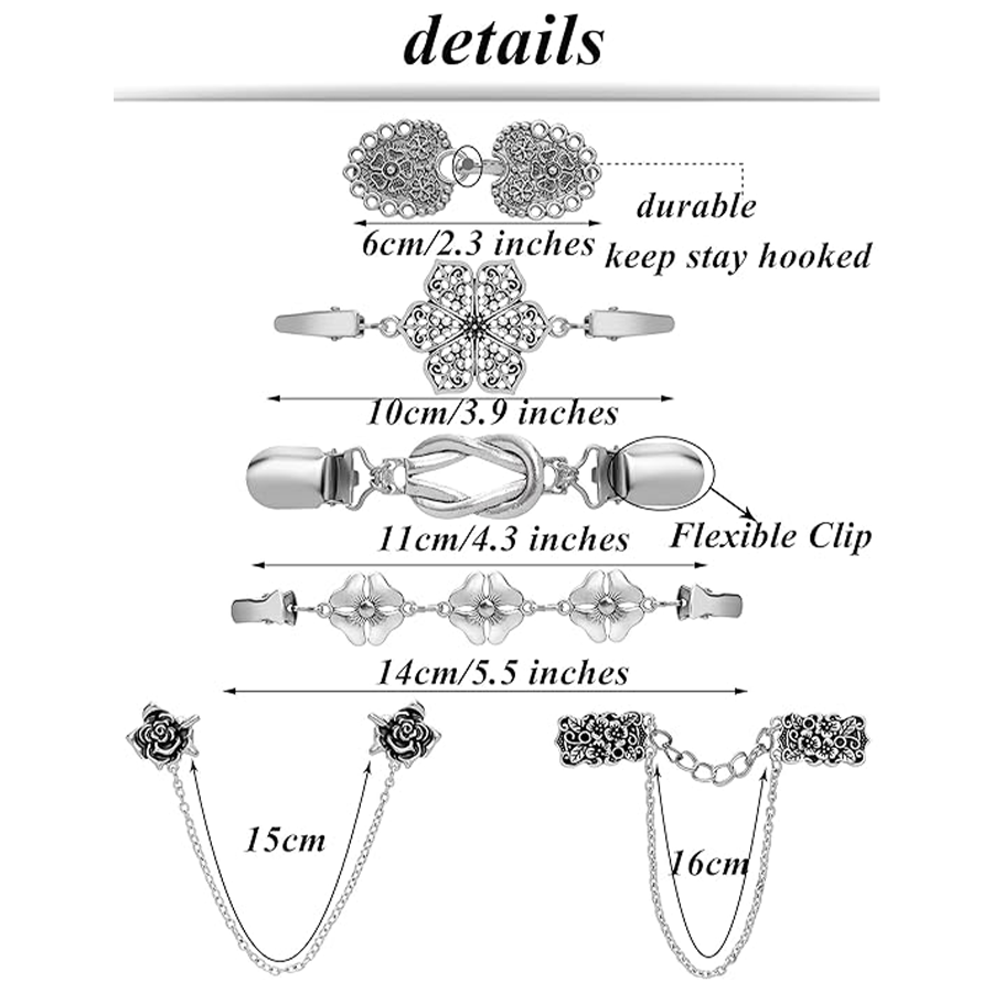 12pcs Vintage Sweater Shawl Clips Retro Cardigan Collar Shirt Waist Dresses Chain Clip Antique Flowers Pattern Brooch Pins for Women