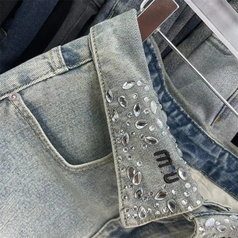Vintage Fashion High Waist Diamonds Aline Skirt Female Trend Sexy Pocket Women Clothing Fashionable Distressed Mini Dress 250902