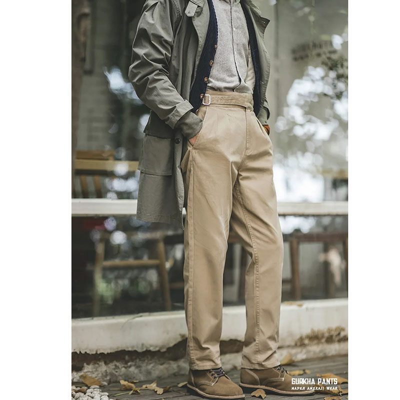 Vintage Adjustable High Waist Gurkha Pants Men's Casual Double Pleated Straight Tapered Pants Amekaji Cotton Trousers