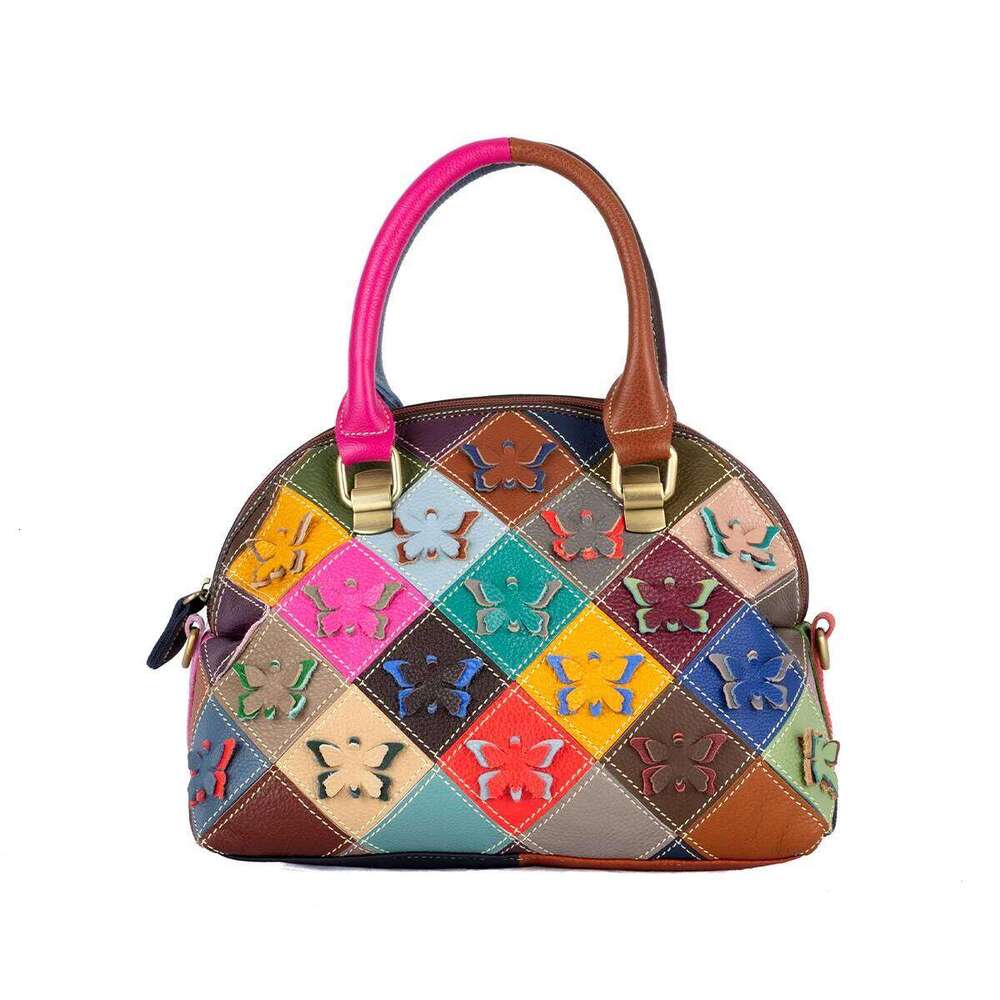 Genuine Cowhide Handmade Colorful Butterfly Flower Pattern Shell Casual Trendy Shoulder Handbag Women's Bag