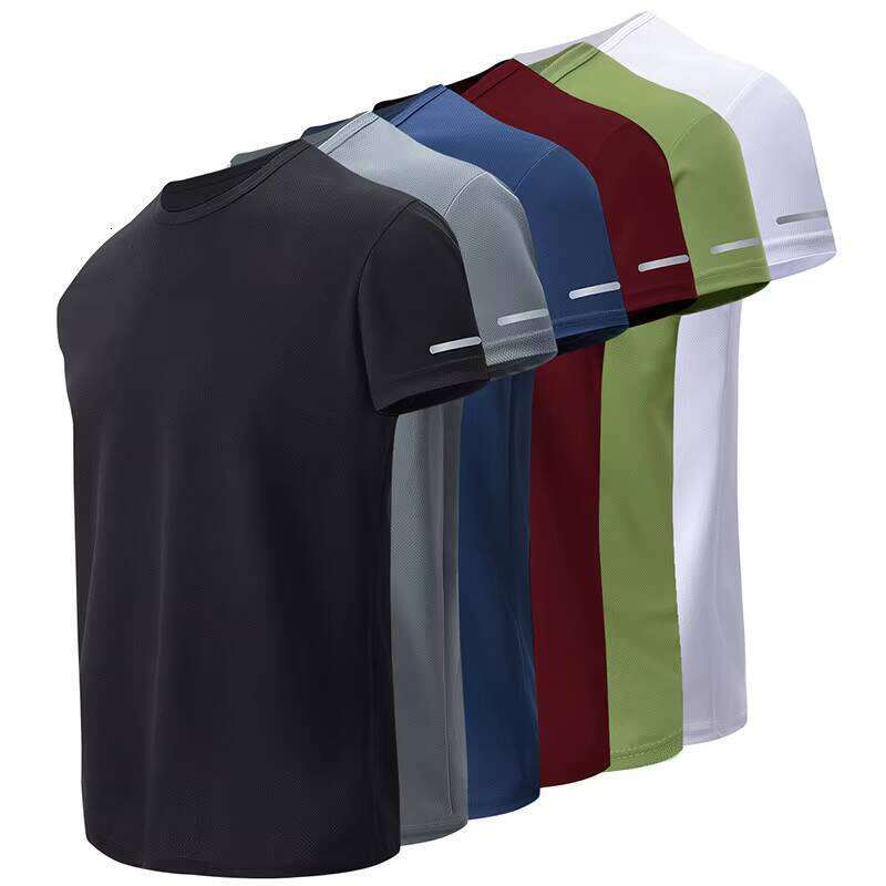 Men's Reflective Stripe Short Sleeve Casual T-Shirt Solid Color Quick-Dry Sports Running Hiking Blank Style