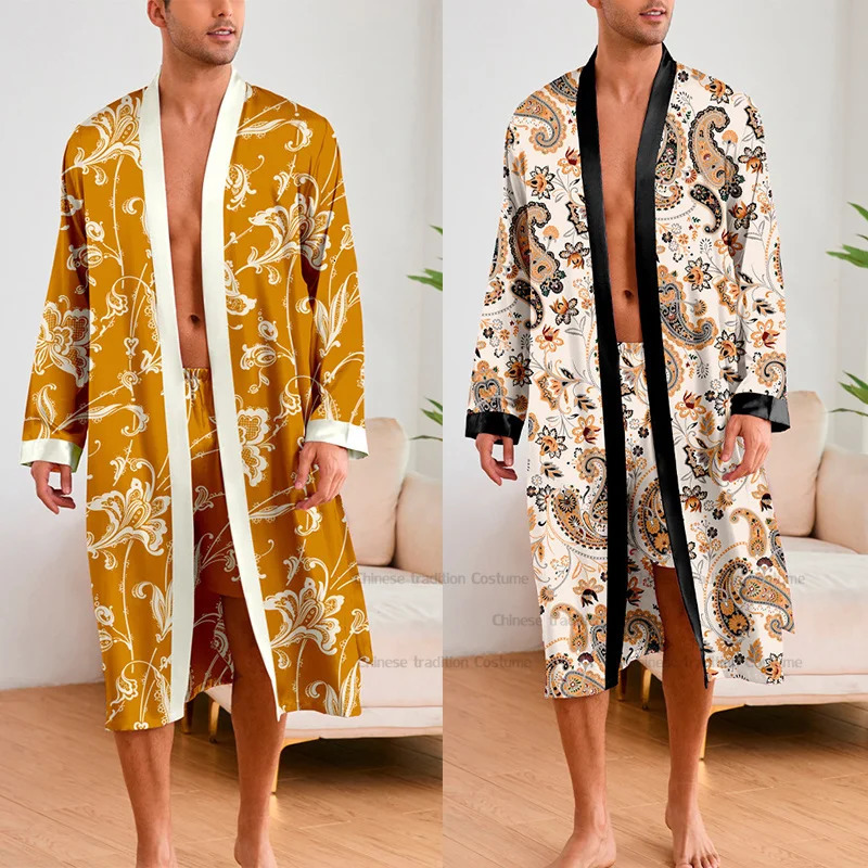Men 2 Pieces Sleepwear Leopard Bathrobe Set Satin Kimono Peignoir Homme Long Mens Sexy Sleepwear Loungewear Home Dressing Gown 250902