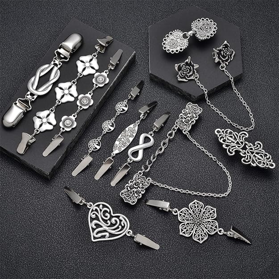 12pcs Vintage Sweater Shawl Clips Retro Cardigan Collar Shirt Waist Dresses Chain Clip Antique Flowers Pattern Brooch Pins for Women