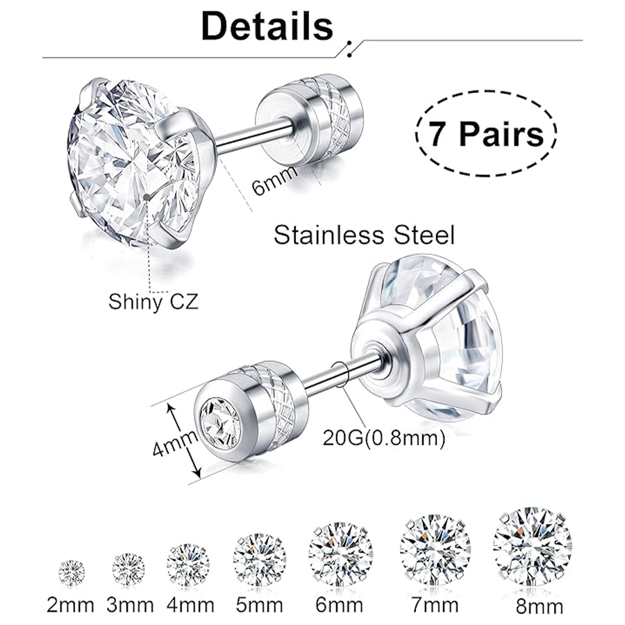 7 Pairs 20G Stainless Steel Stud Earrings Screw Back Round Cubic Zirconia Barbell Earring Set 2MM-8MM Silver Tone