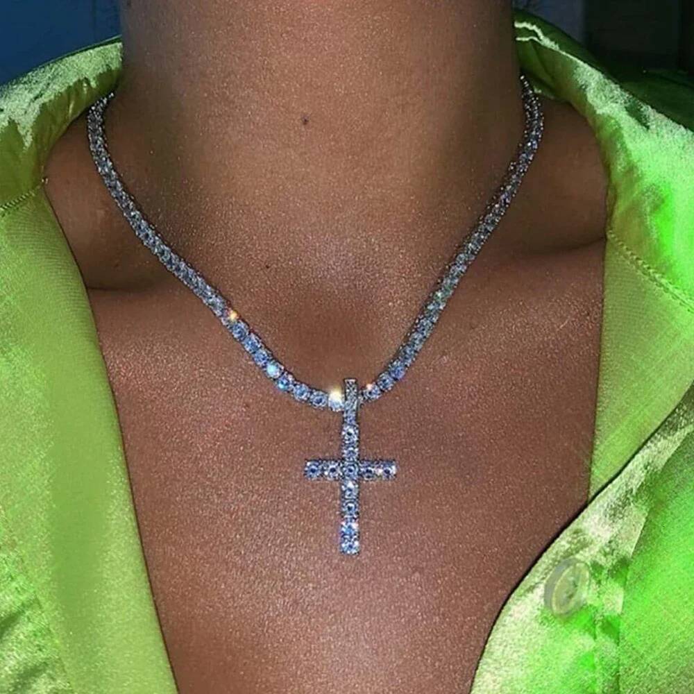 3mm Full Moissanite Tennis Necklace with Cross Pendant 925 Sterling Silver Plated 18k Gold HipHop Punk Necklaces for Women Men