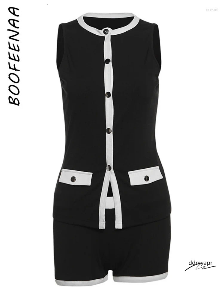 Women's Tracksuits BOOFEENAA Two Piece Sets Women Sleeveless Button-Down Cardigan Top And Shorts Set Casual Black Outfits Woman 2025