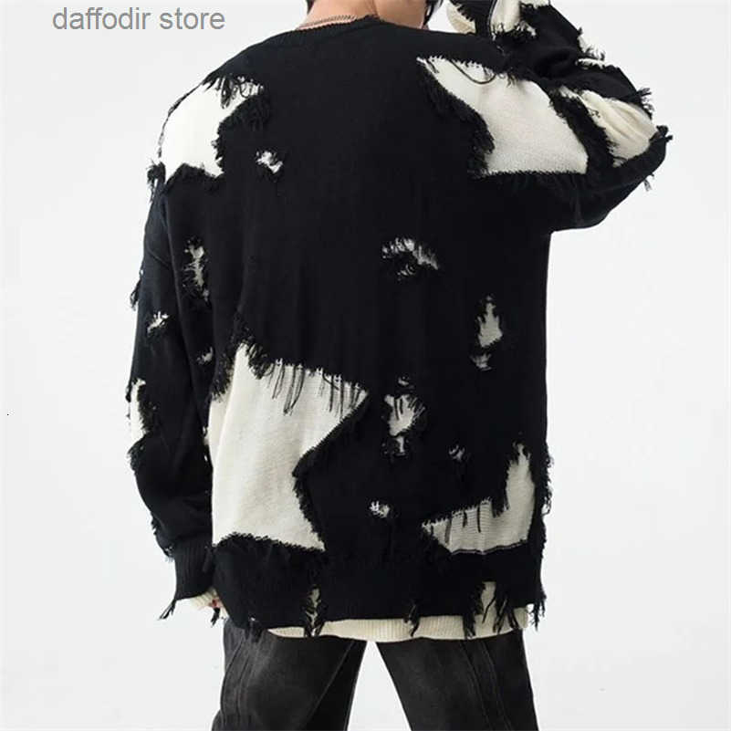 Mens Autumn Winter Y2k Hole Distressed TwoPiece Sweater Essential Oversize Loose Trendy High Strt Retro Knitted Sweater 240927 S250902