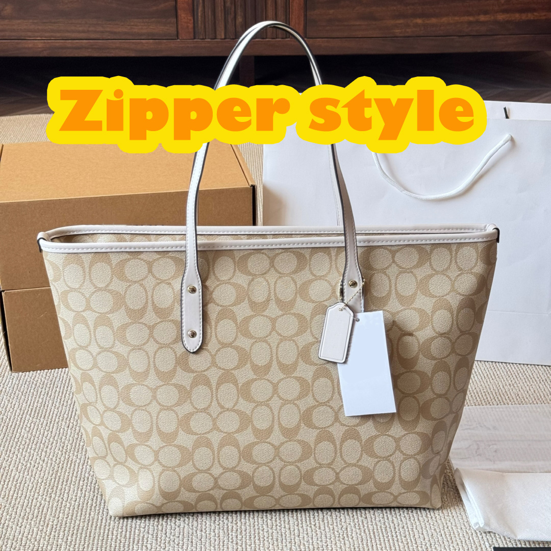 Tote bag designer bag coach bag handbag fashionable men's and women's canvas leather hand held large capacity shopping bag letter design zipper design computer 12A