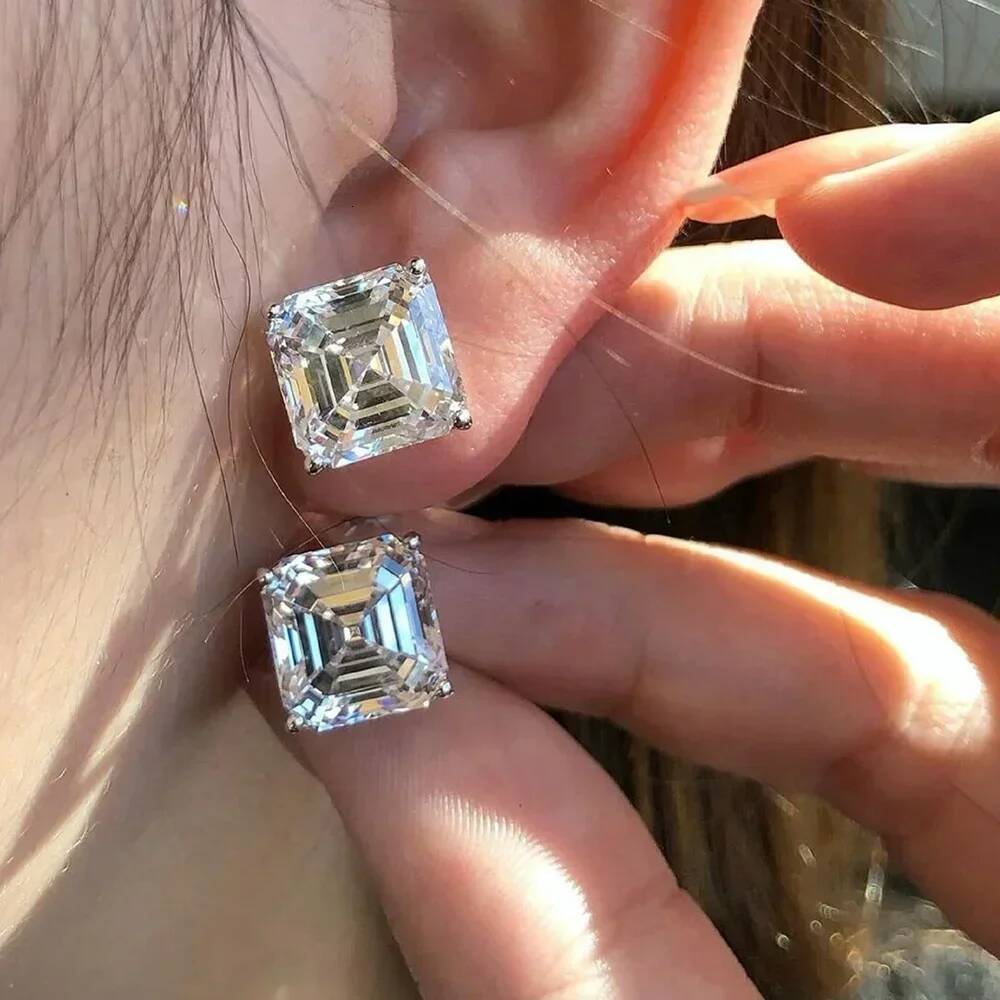 123CT Asscher Cut Moissanite Stud Earrings with Certificate Square Solitaire Lab Diamond Earring for Women S925 Silver Jewelry