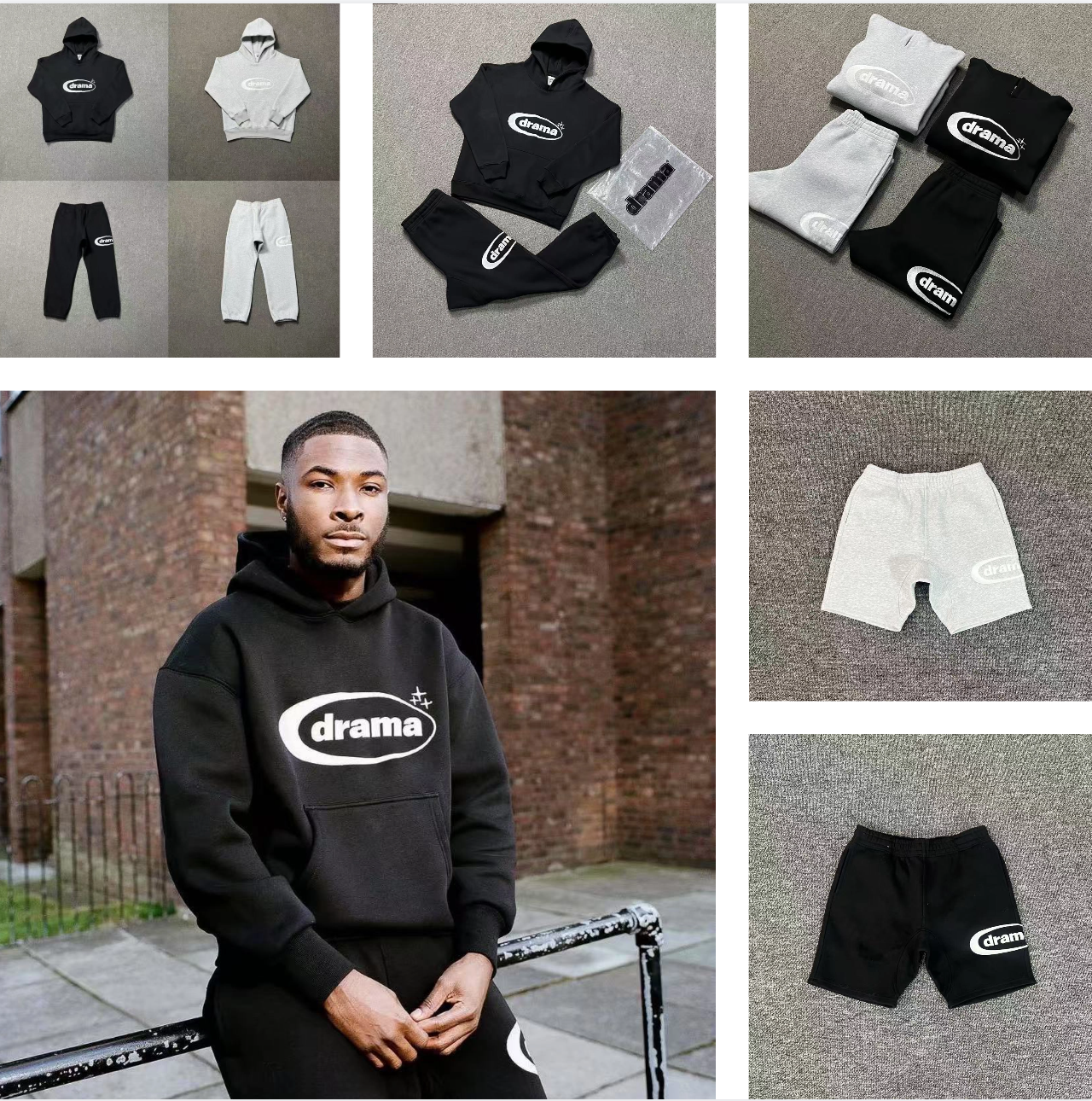 Designer's pure cotton DRAMA 25 spring and autumn new style high street retro embroidery couple casual loose hip-hop hooded sweatshirt pants set trendy