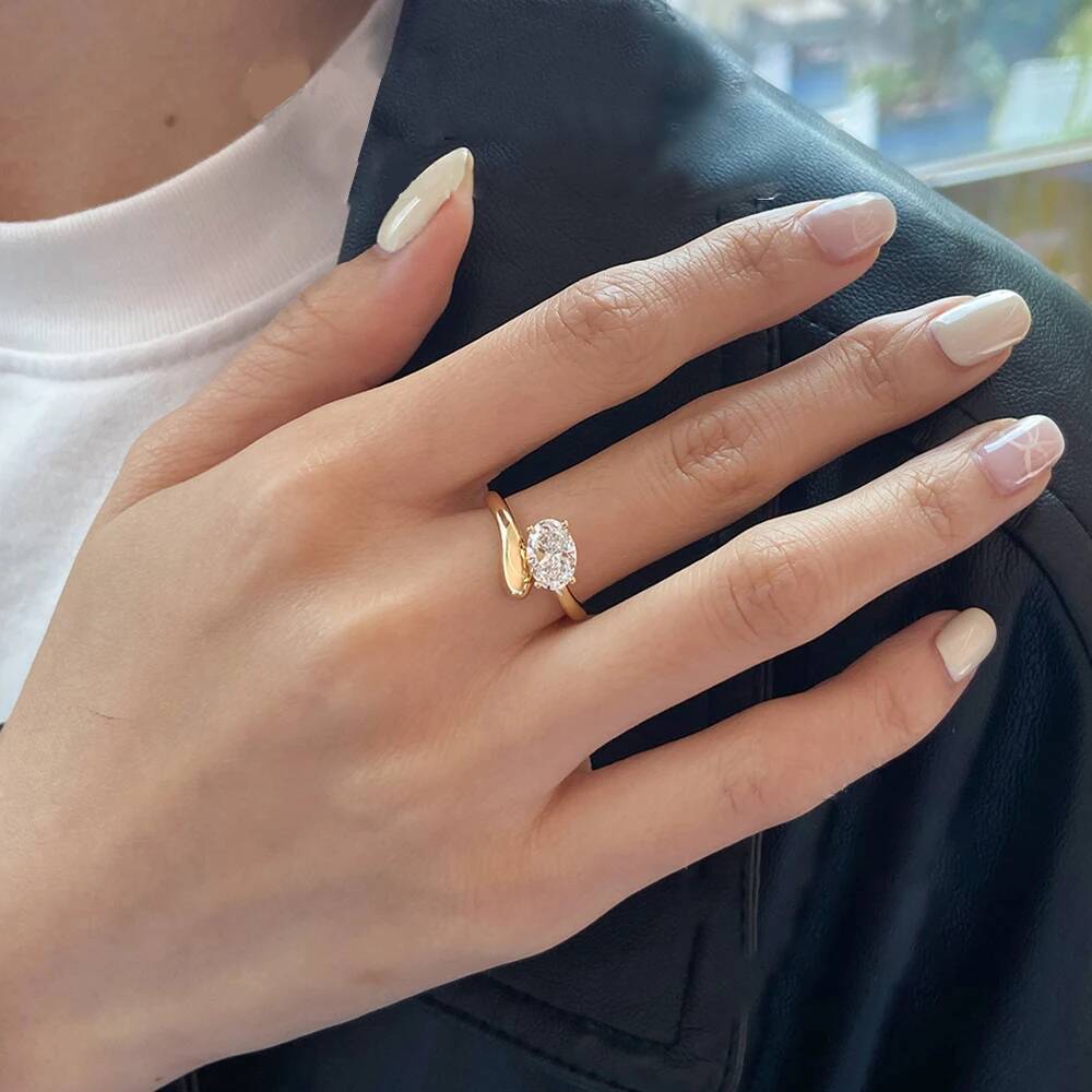 15CT Oval Cut Moissanite Diamond Open Rings for Women 925 Sterling Silver Plate 18k Gold Engagement Ring Wedding Band Resizable